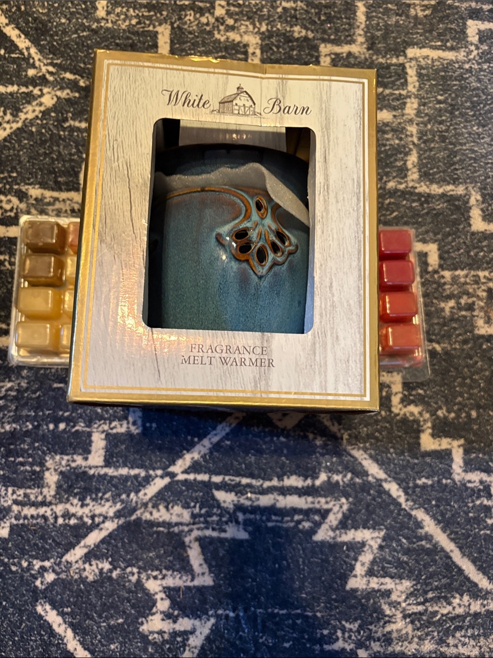White Barn Blue Ceramic Fragrance Melt Warmer with Brown Accent
